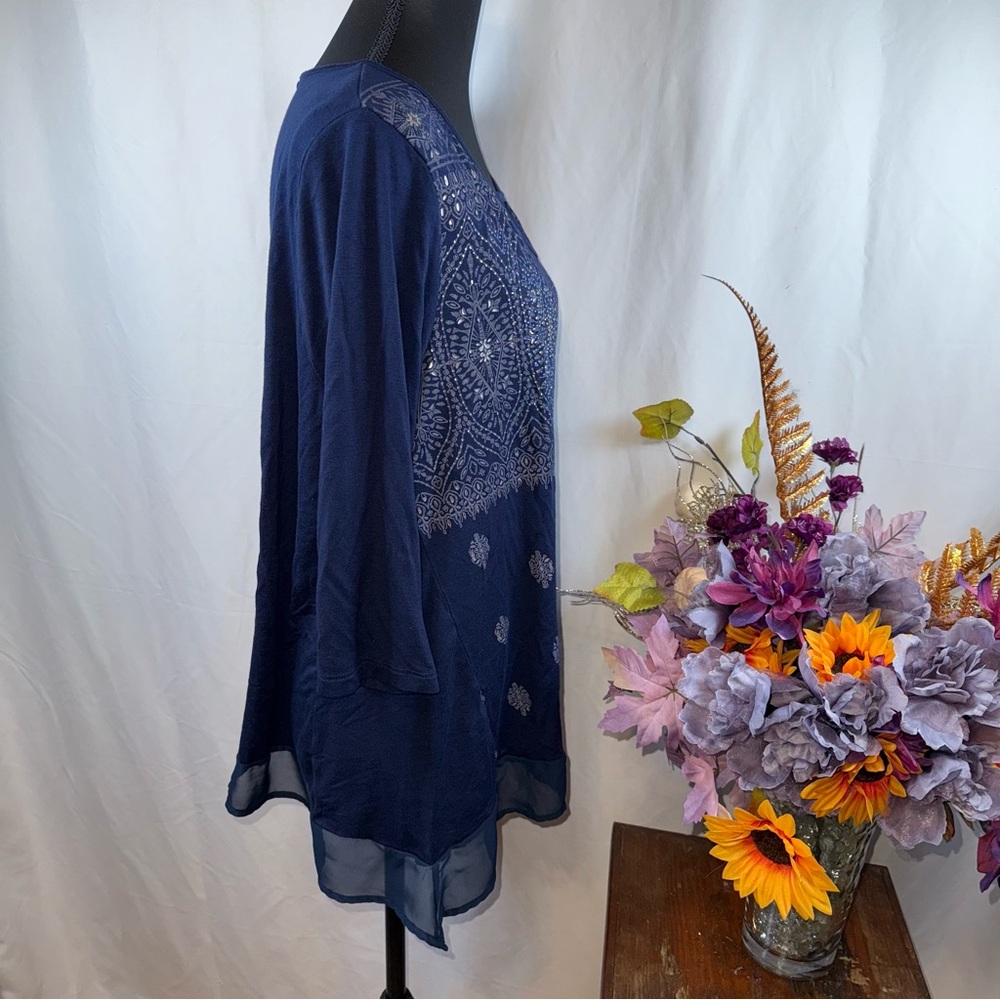 French Blue PXL Boho Embellished Navy Tunic Sheer Hem Long Sleeve - Picture 5 of 8